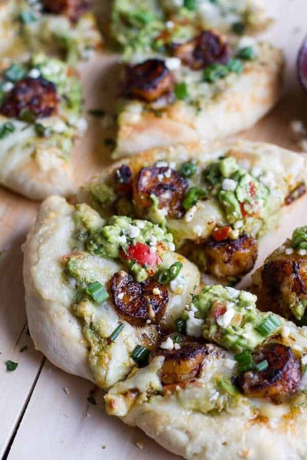 Chipotle Cajun shrimp and guacamole pizza