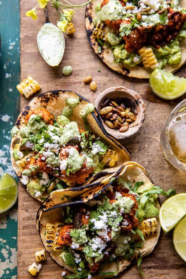 Chipotle cauliflower tacos with creamy jalapeño verde