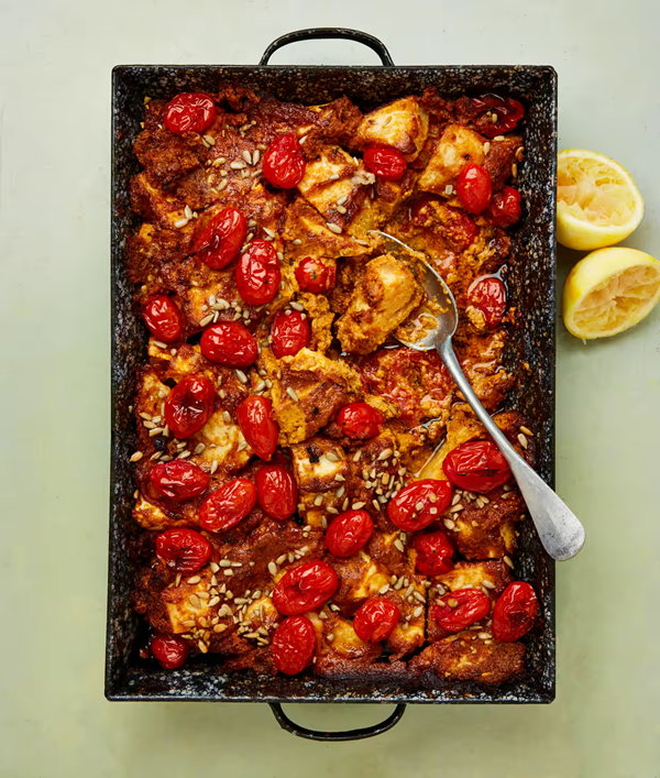 Chipotle, celeriac and tomato traybake