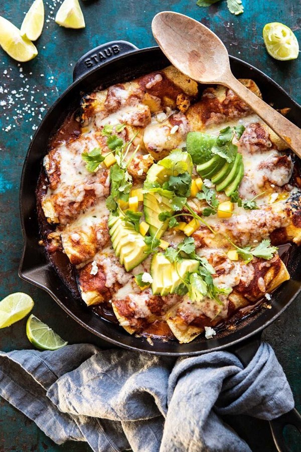 Chipotle cheddar cauliflower black bean enchiladas
