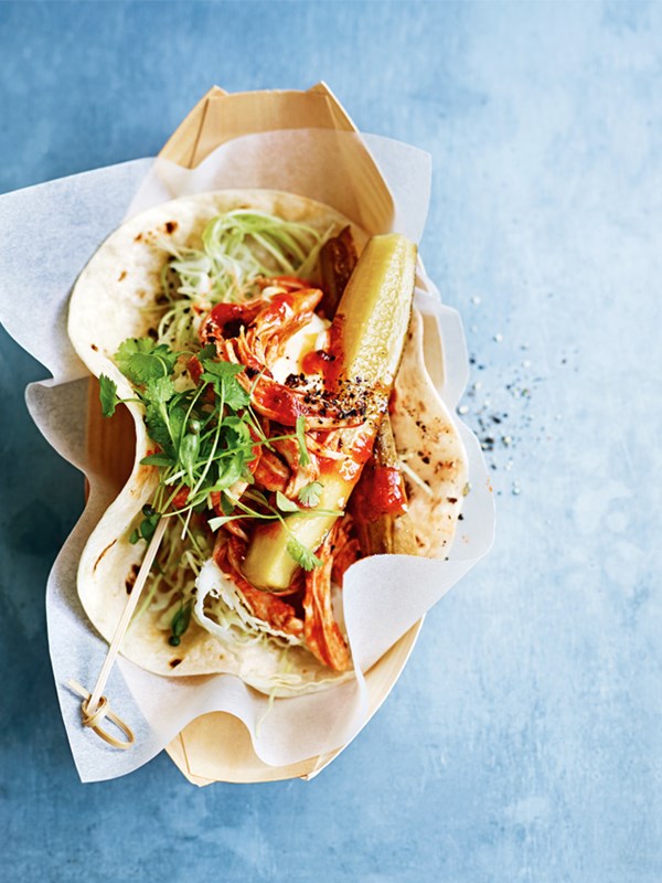 Chipotle chicken and pickleback slaw tacos