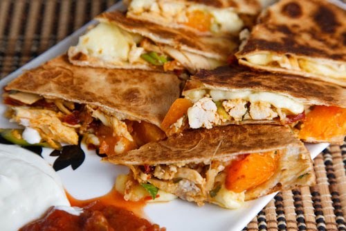 Chipotle chicken, apricot and Brie quesadillas