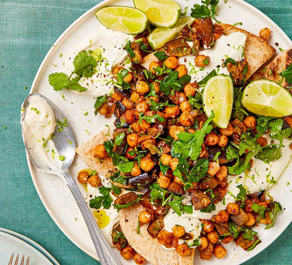 Chipotle chickpeas with aubergine & pittas