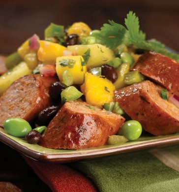 Chipotle chorizo chicken sausage with mango, pineapple salsa