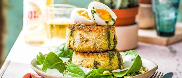 Chipotle corn and shrimp cakes with soft boiled eggs