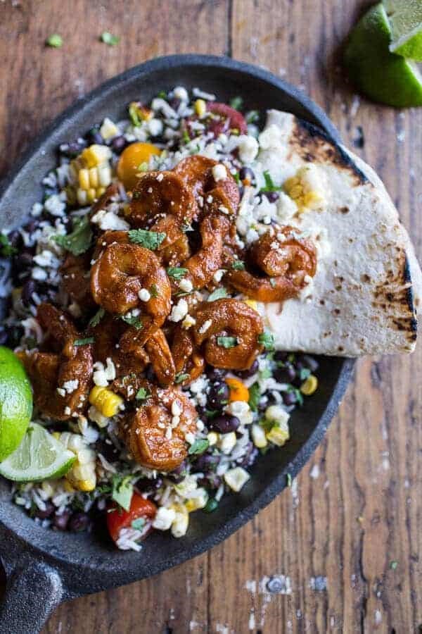 Chipotle enchilada shrimp with rice and beans