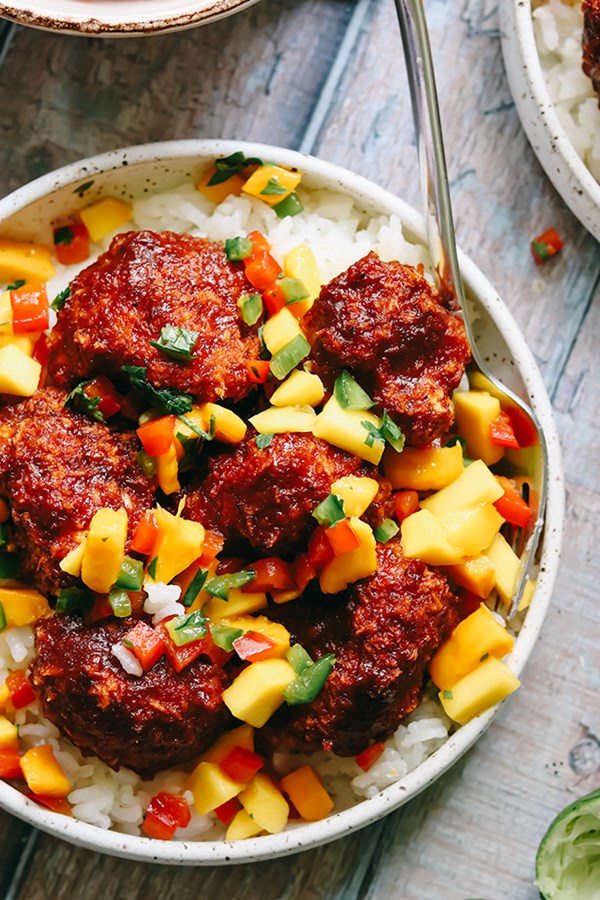 Chipotle honey BBQ cauliflower wings with mango salsa and coconut rice