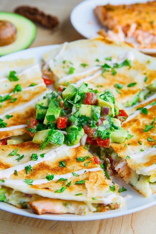 Chipotle lime salmon and avocado salsa quesadillas