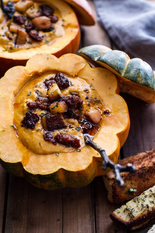 Chipotle pumpkin soup with crispy chorizo + glazed apples