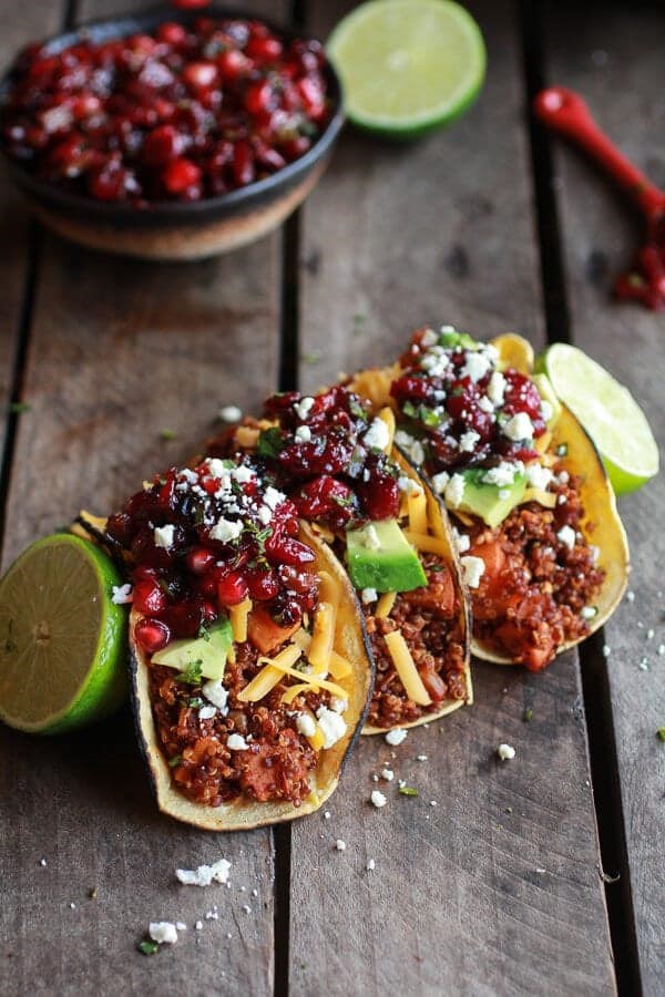 Chipotle quinoa sweet potato tacos with roasted cranberry pomegranate salsa