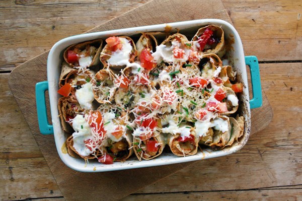 Chipotle roasted chicken and vegetable wrap bake 