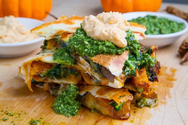 Chipotle roasted pumpkin, mushroom and kale quesadillas with chipotle pumpkin crema and kale salsa