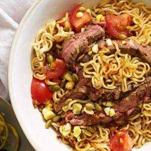 Chipotle sesame noodles with steak