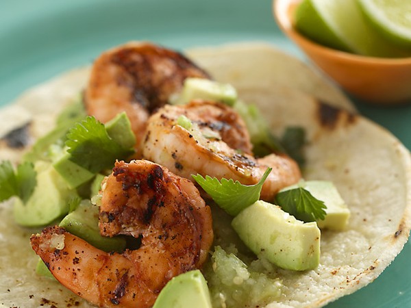 Chipotle shrimp taco with avocado salsa verde