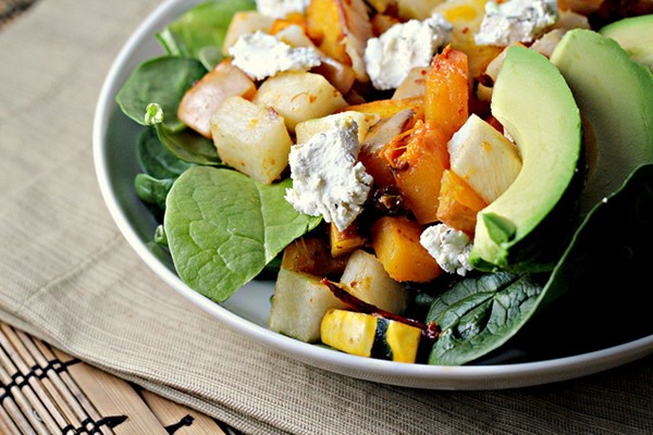 Chipotle squash salad with jicama, goat cheese, and avocado