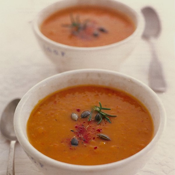 Chipotle-squash soup with fresh rosemary and toasted pumpkin seeds