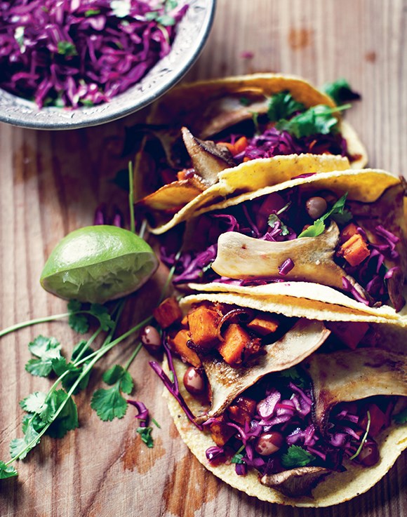 Chipotle sweet potato and trumpet mushroom breakfast tacos