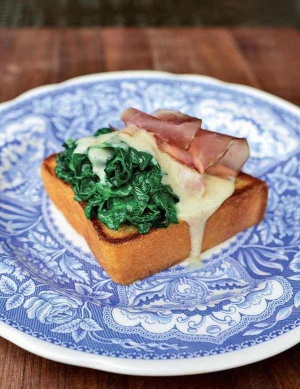 Chipped beef on toast with cured beef and spinach