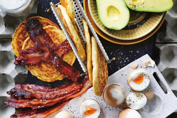Chive and cheddar pancakes with maple-glazed bacon