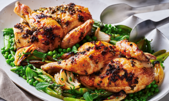 Chive and green peppercorn roast chicken with spring vegetables
