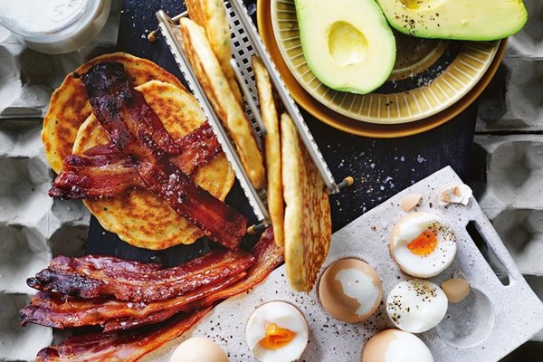 Chive and smoked cheddar pancakes with maple-glazed bacon