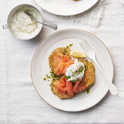 Chive pancakes with brown butter & smoked salmon
