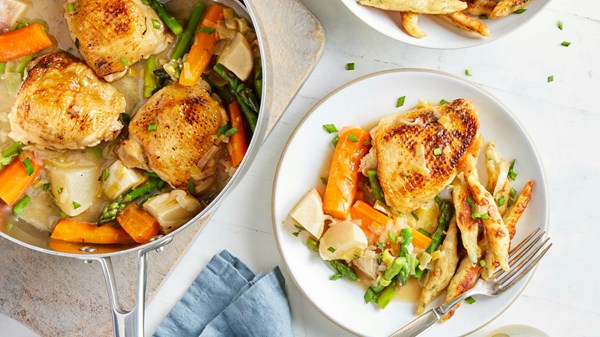 Chive-tarragon schupfnudeln with braised chicken and spring vegetables 