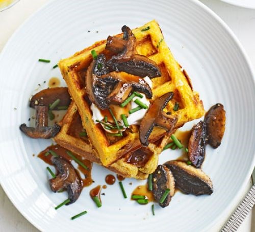 Chive waffles with maple & soy mushrooms