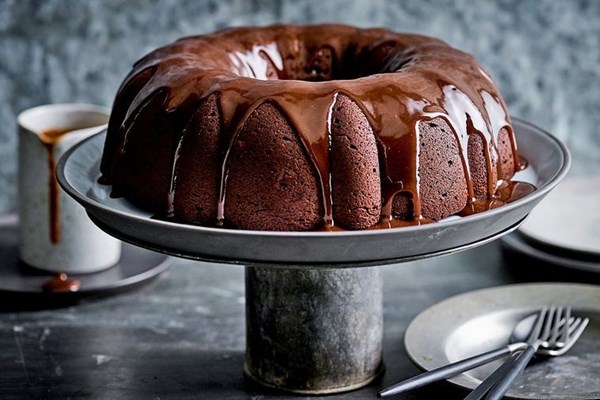 Choc-banana bundt with hot chocolate butterscotch