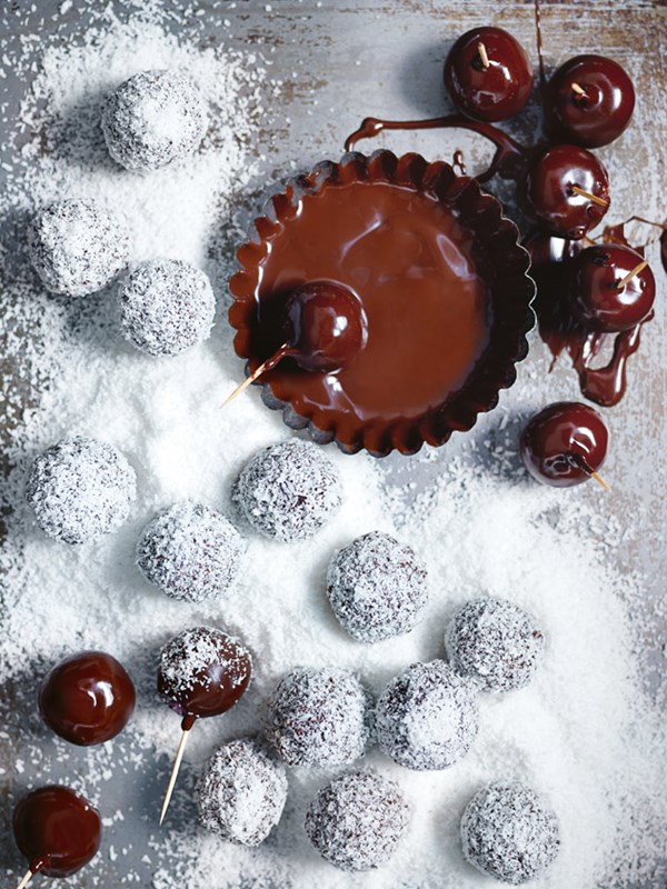 Choc-cherry truffles with salted coconut