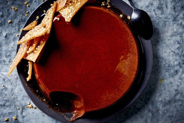 Choc-espresso panna cotta with peanut brittle