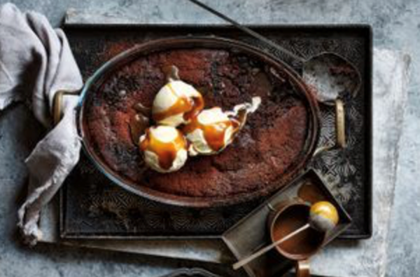 Choc-fudge pudding with butterscotch sauce