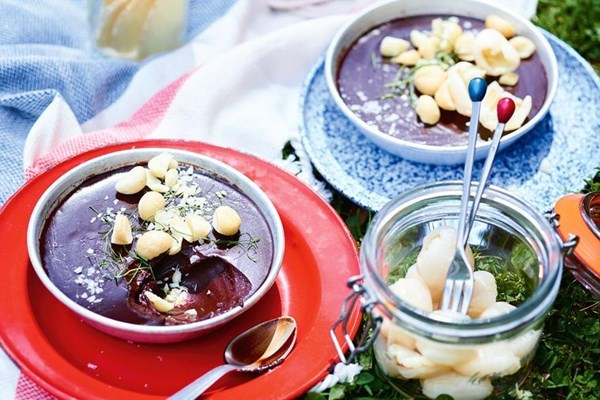 Choc ganache bowls with lychees and macadamia