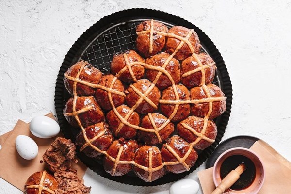 Choc-raisin hot cross buns with Pedro Ximénez glaze