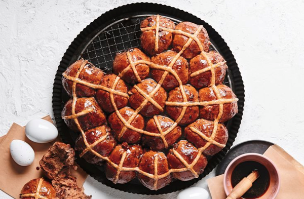 Choc-raisin hot cross buns with Pedro Ximénez glaze