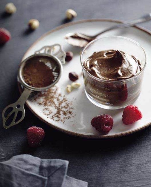 Chococado mousse with raspberries