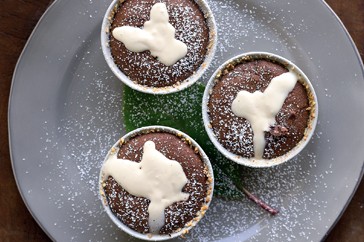 Chocolate & almond soufflés with cocoa-nib cream