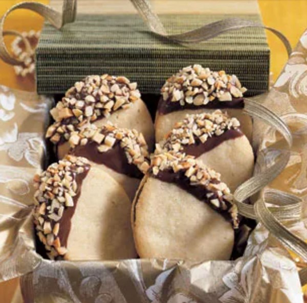 Chocolate- and almond-dipped sandwich cookies
