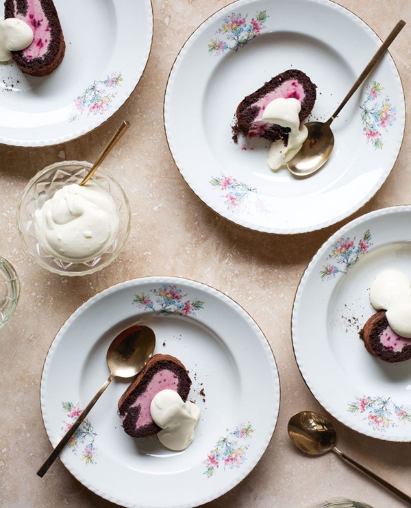 Chocolate & boysenberry semifreddo roll