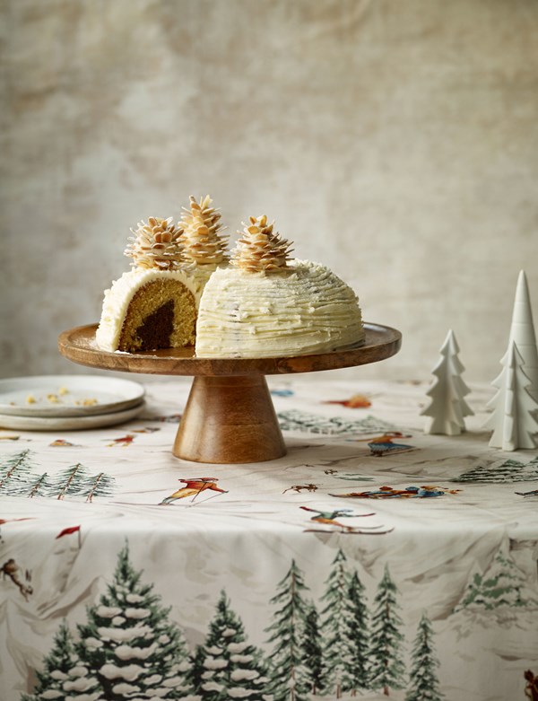 Chocolate & cinnamon Christmas tree bundt with cinnamon buttercream & marzipan pine cones