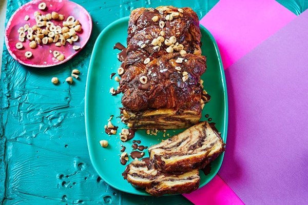 Chocolate & hazelnut croissant bread & butter pudding