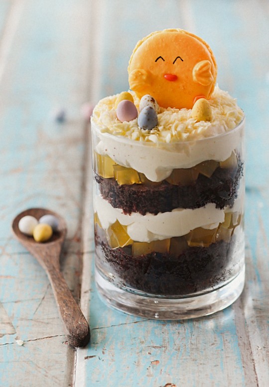 Chocolate & orange trifles with chick macarons