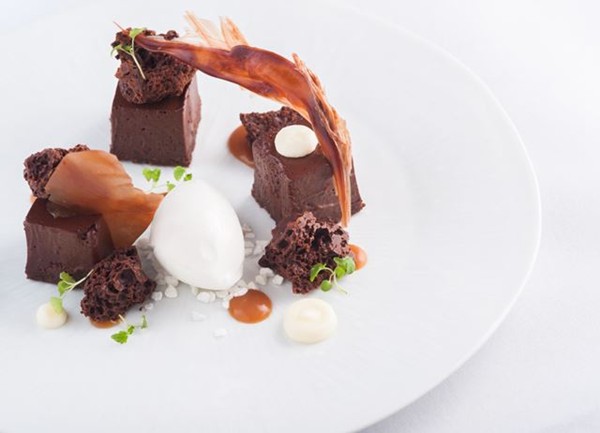 Chocolate aero with dark chocolate mousse and salted caramel