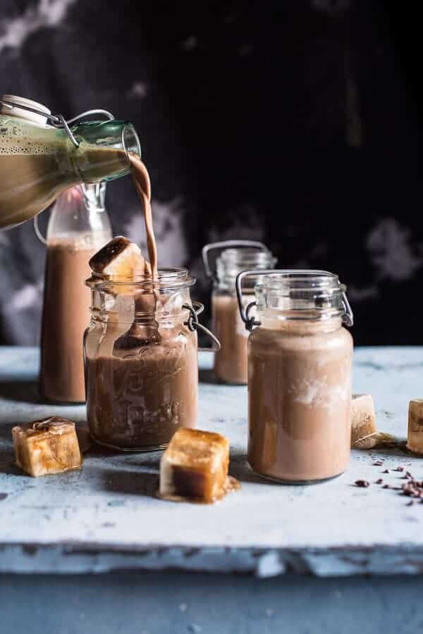 Chocolate almond milk with creamy malted coffee ice cubes