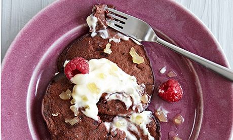 Chocolate and beetroot pancakes with ginger cream and raspberries