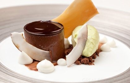 Chocolate and brown butter ganache, coconut, avocado ice cream