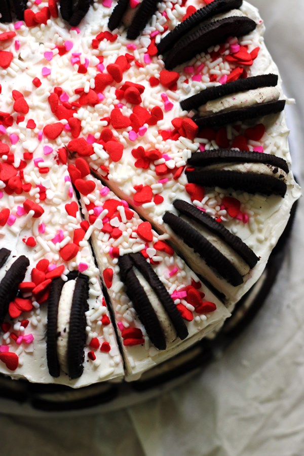 Chocolate and candy cane crunch layer cake