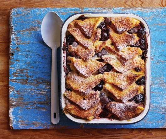 Chocolate and cherry bread and butter pudding