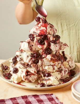 Chocolate and cherry meringue tower