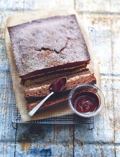 Chocolate and coffee ice cream cake with chocolate fudge sauce